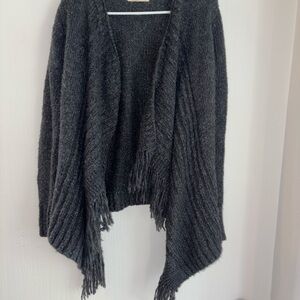Fringe Cardigan Open Front‎ Knit Sweater Cozy Warm Gray Size S